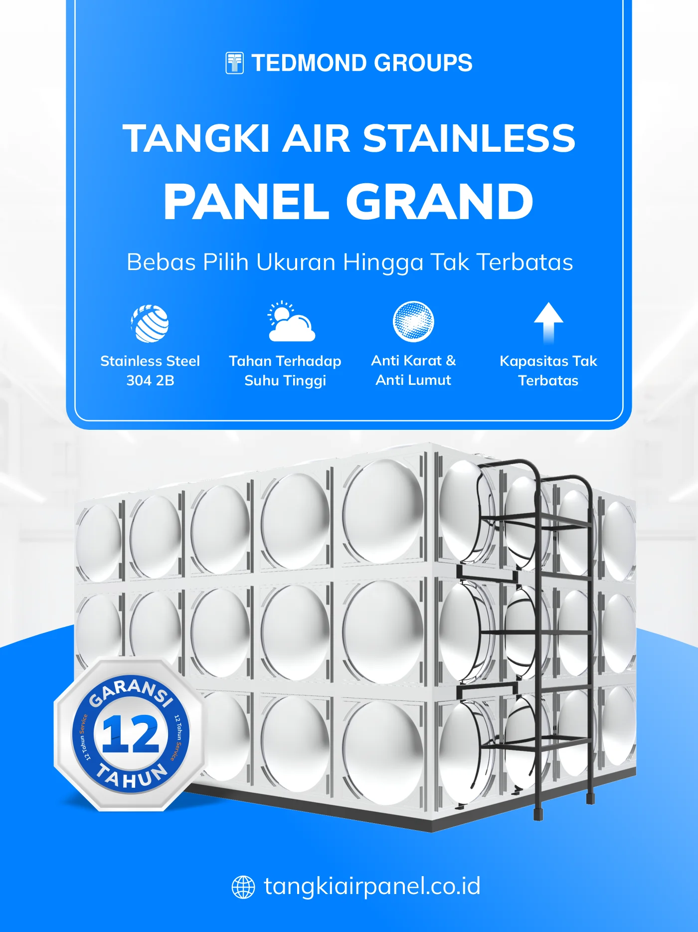 Tangki Air Stainless Panel Grand, Bebas Pilih Ukuran Hingga Tak Terbatas